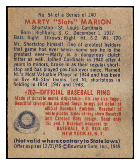 1949 Bowman Baseball #054 Marty Marion Cardinals VG-EX 487374