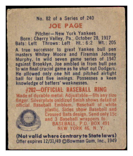 1949 Bowman Baseball #082 Joe Page Yankees VG-EX 487425