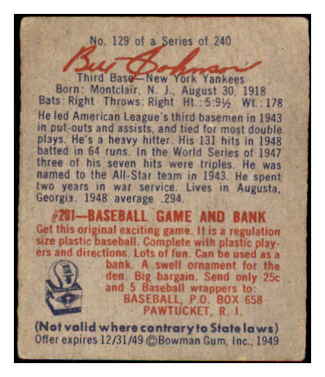 1949 Bowman Baseball #129 Bill Johnson Yankees VG-EX 487517