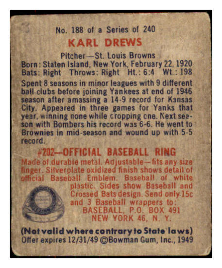 1949 Bowman Baseball #188 Karl Drews Browns VG-EX 487635