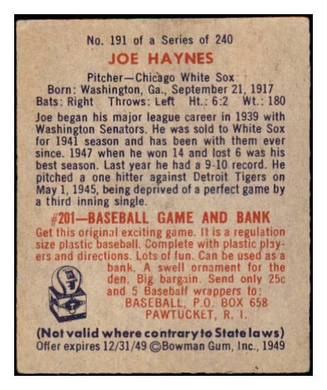 1949 Bowman Baseball #191 Joe Haynes White Sox EX-MT 487641