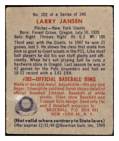 1949 Bowman Baseball #202 Larry Jansen Giants VG-EX 487662