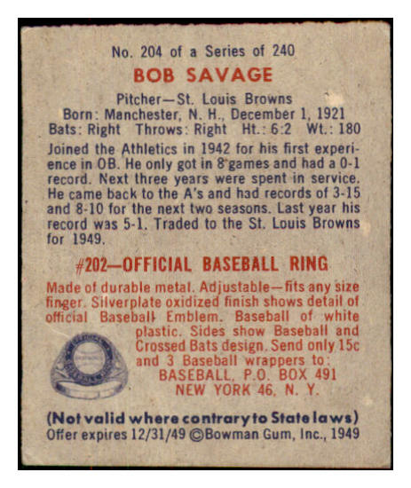 1949 Bowman Baseball #204 Bob Savage Browns VG-EX 487666