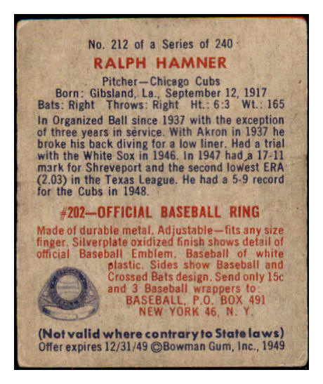 1949 Bowman Baseball #212 Ralph Hamner Cubs VG-EX 487680