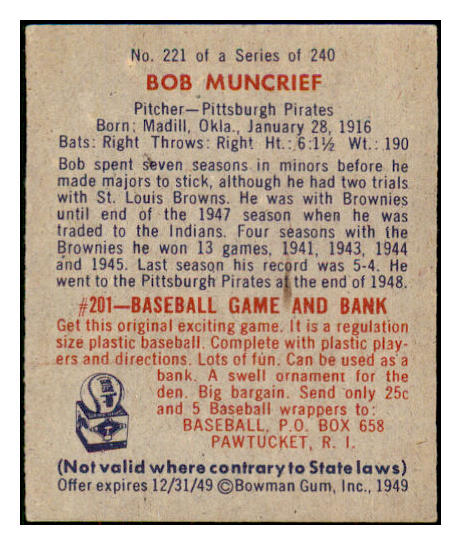 1949 Bowman Baseball #221 Bob Muncrief Pirates EX-MT 487695