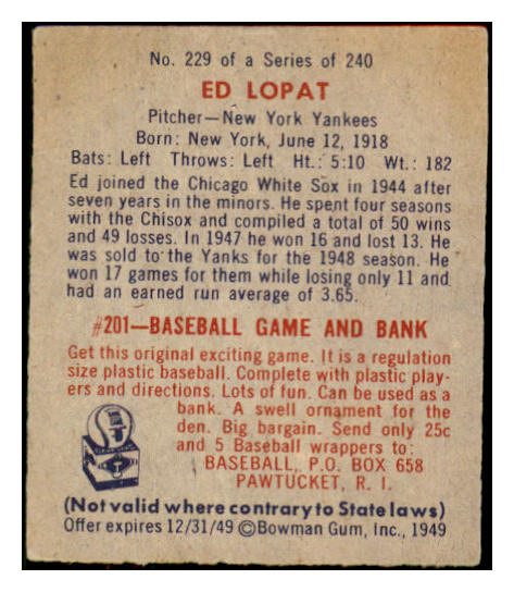 1949 Bowman Baseball #229 Eddie Lopat Yankees EX+/EX-MT 487709