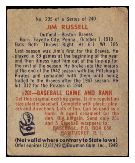 1949 Bowman Baseball #235 Jim Russell Braves VG-EX 487718