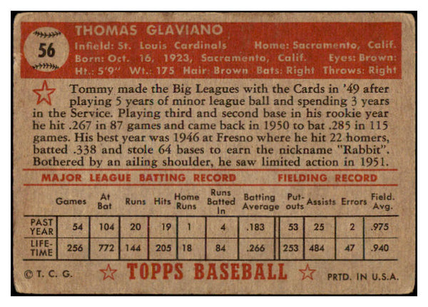 1952 Topps Baseball #056 Tommy Glaviano Cardinals GD-VG Red 487994