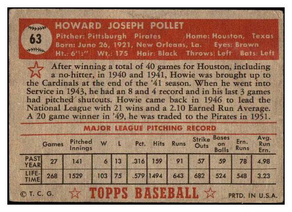 1952 Topps Baseball #063 Howie Pollet Pirates Good Red 488009
