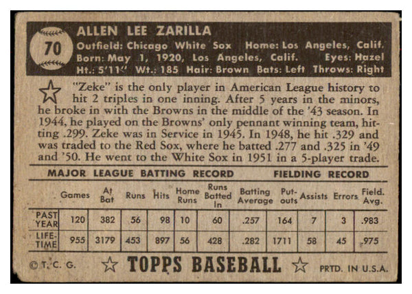 1952 Topps Baseball #070 Al Zarilla White Sox Good Black 488024