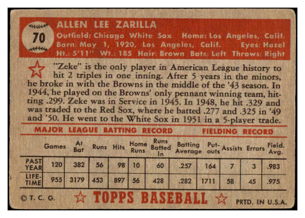 1952 Topps Baseball #070 Al Zarilla White Sox VG Red 488026