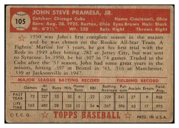 1952 Topps Baseball #105 John Pramesa Cubs VG 488110
