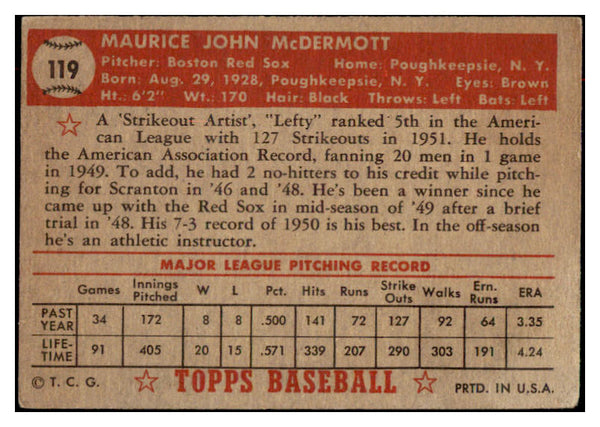 1952 Topps Baseball #119 Maurice McDermott Red Sox VG 488146
