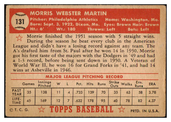 1952 Topps Baseball #131 Morrie Martin A's VG 488169