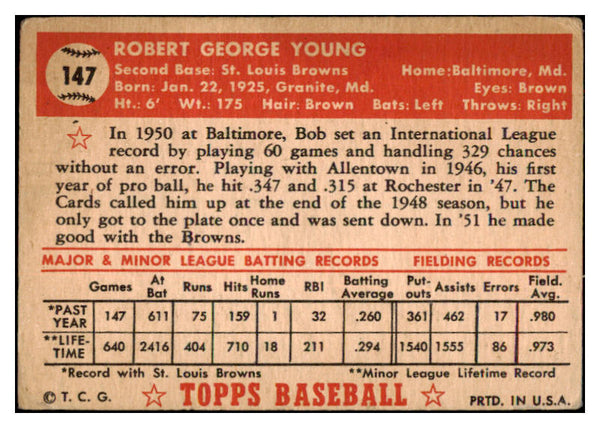 1952 Topps Baseball #147 Bobby Young Browns VG 488207
