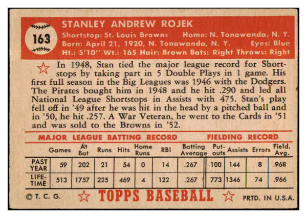 1952 Topps Baseball #163 Stan Rojek Browns VG 488240