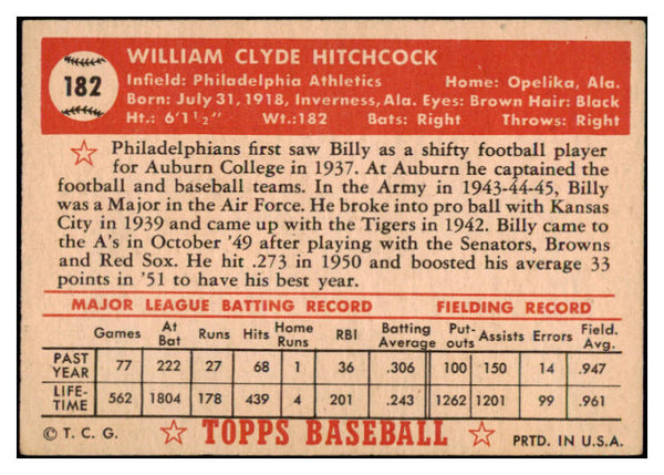 1952 Topps Baseball #182 Billy Hitchcock A's EX 488285