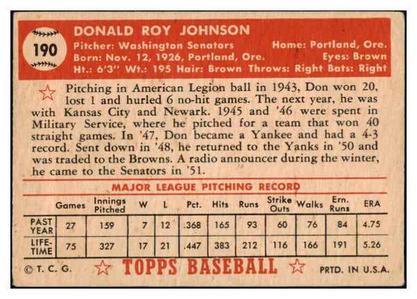1952 Topps Baseball #190 Don Johnson Senators VG 488307