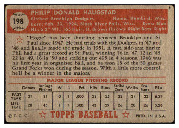 1952 Topps Baseball #198 Phil Haugstad Dodgers VG-EX 488327