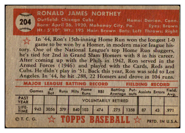 1952 Topps Baseball #204 Ron Northey Cubs VG 488339