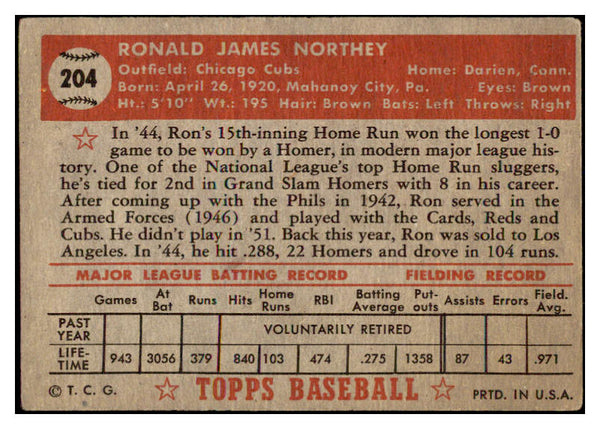 1952 Topps Baseball #204 Ron Northey Cubs VG 488340