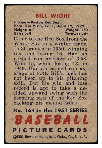 1951 Bowman Baseball #164 Bill Wight Red Sox VG 488524