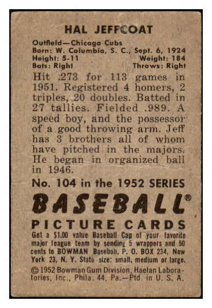 1952 Bowman Baseball #104 Hal Jeffcoat Cubs GD-VG 488532