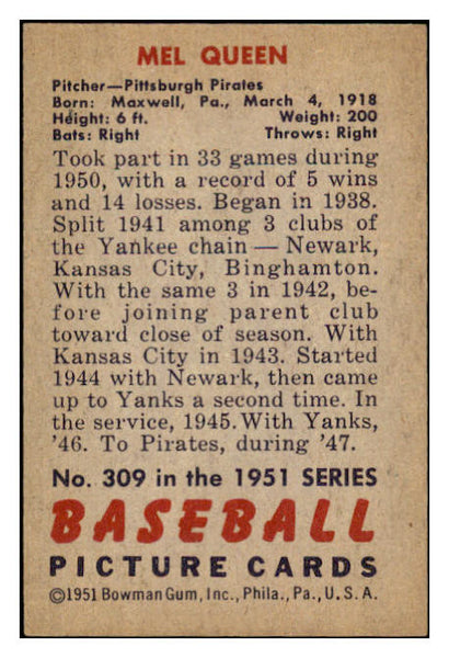 1951 Bowman Baseball #309 Mel Quenn Pirates Good 488543