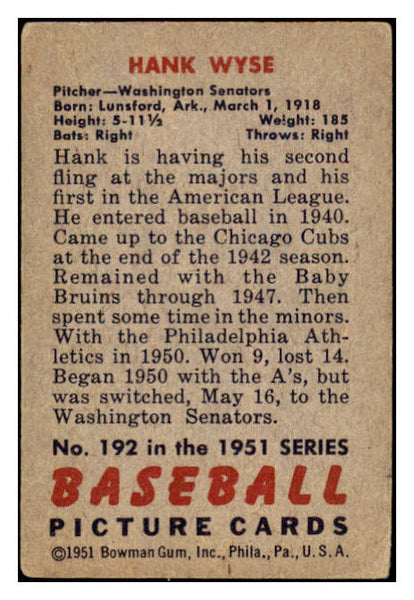 1951 Bowman Baseball #192 Hank Wyse Senators VG-EX 488603