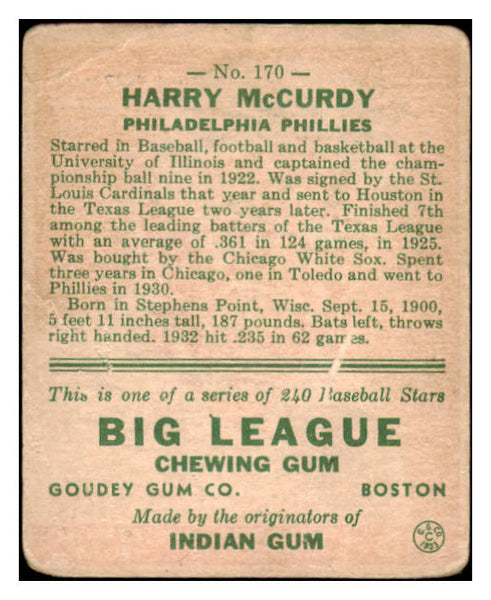 1933 Goudey #170 Harry McCurdy Phillies Fair 488775