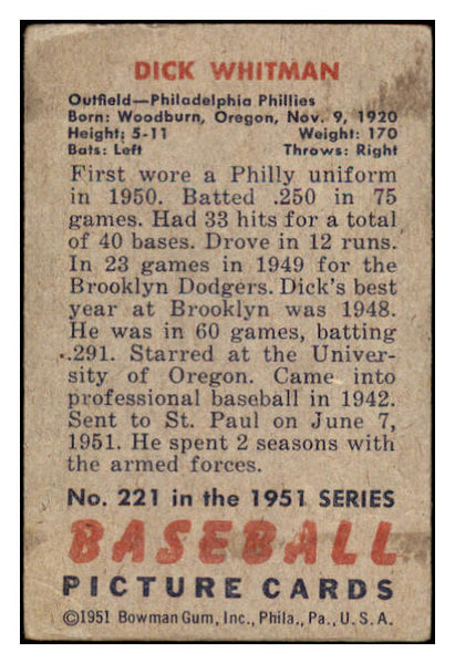 1951 Bowman Baseball #221 Dick Whitman Phillies VG 488829