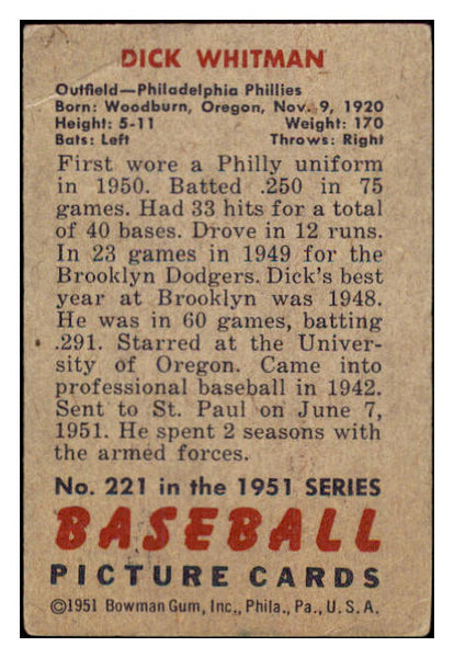 1951 Bowman Baseball #221 Dick Whitman Phillies VG 488836