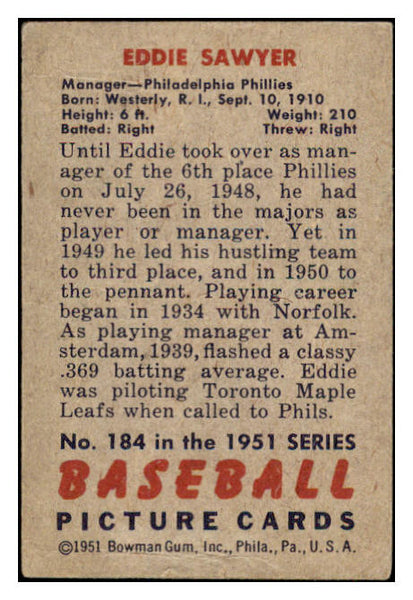 1951 Bowman Baseball #184 Eddie Sawyer Phillies VG 488898