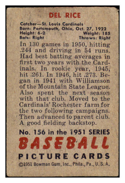 1951 Bowman Baseball #156 Del Rice Cardinals VG 488925