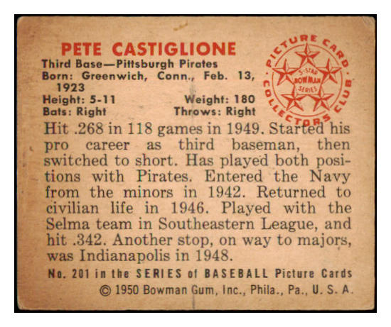 1950 Bowman Baseball #201 Pete Castiglione Pirates EX-MT Copyright 489068