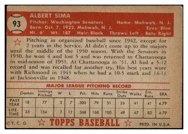 1952 Topps Baseball #093 Al Sima Senators VG-EX 489338 | Kit Young Cards