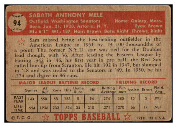 1952 Topps Baseball #094 Sam Mele Senators VG 489339