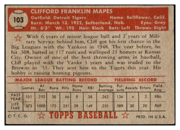 1952 Topps Baseball #103 Cliff Mapes Tigers VG 489347