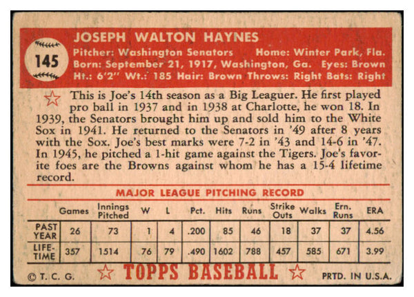 1952 Topps Baseball #145 Joe Haynes Senators Good 489390