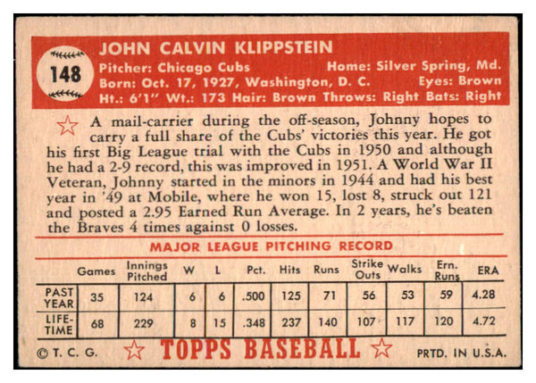 1952 Topps Baseball #148 Johnny Klippstein Cubs VG 489393