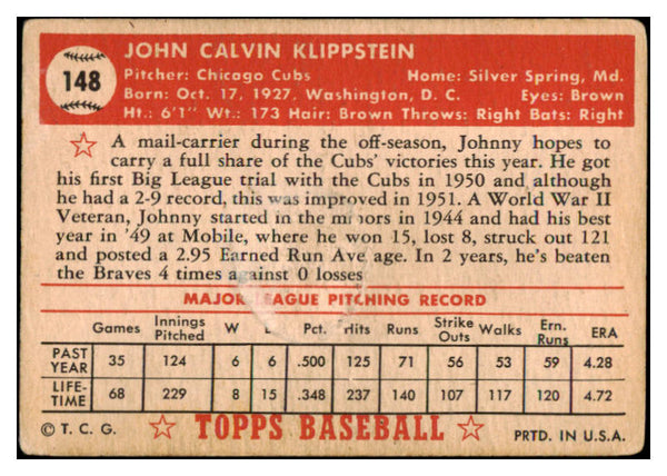 1952 Topps Baseball #148 Johnny Klippstein Cubs GD-VG 489394