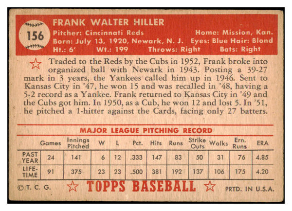1952 Topps Baseball #156 Frank Hiller Reds VG-EX 489400