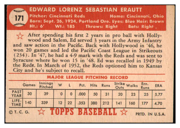 1952 Topps Baseball #171 Ed Erautt Reds VG-EX 489414