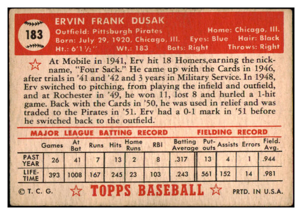 1952 Topps Baseball #183 Erv Dusak Pirates VG-EX 489426