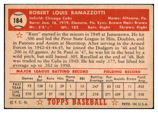 1952 Topps Baseball #184 Bob Ramazzotti Cubs VG-EX 489427