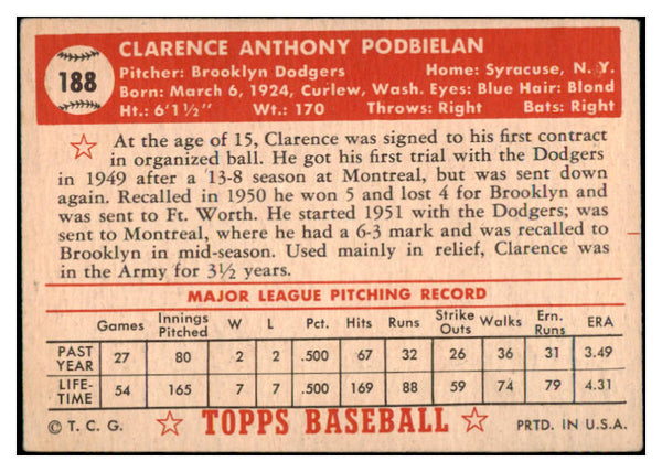 1952 Topps Baseball #188 Bud Podbielan Dodgers VG-EX 489431