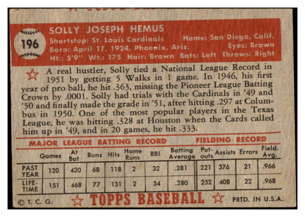 1952 Topps Baseball #196 Solly Hemus Cardinals VG-EX 489435