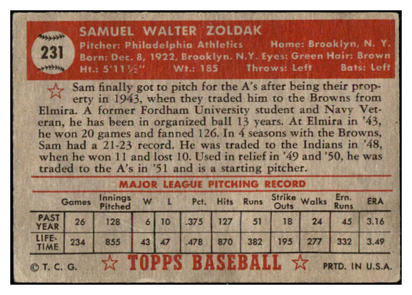 1952 Topps Baseball #231 Sam Zoldak A's GD-VG 489468