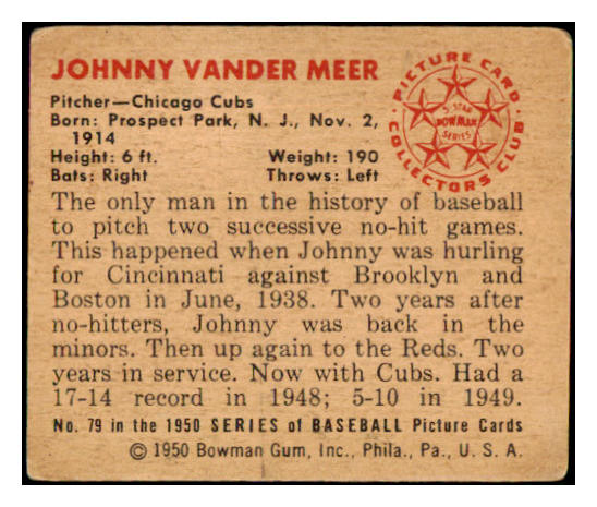 1950 Bowman Baseball #079 Johnny Vander Meer Cubs VG-EX 489569