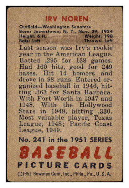 1951 Bowman Baseball #241 Irv Noren Senators VG-EX 489607